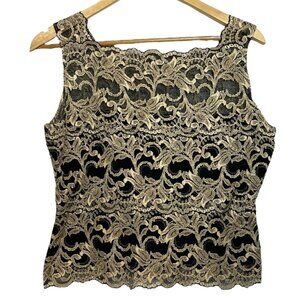 Vtg Y2K Kay Celine Women's XL Lace Tank Top Black Beige Open Mesh Back Neutral